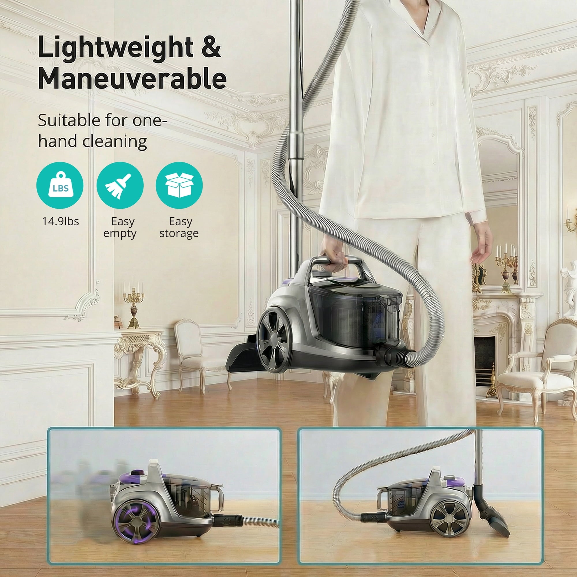 Vacuum Cleaner, 1200W 3.6 QT Bagless Canister Vacuum, Turbo Brush, Double HEPA Filter, Silver Purple